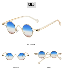 Multi-angle view of silver oval sunglasses with blue-pink gradient lenses and gold frame