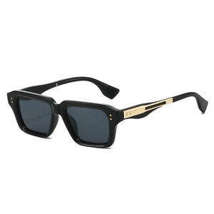 Fashionable black square frame sunglasses with golden temple accents and gray lenses