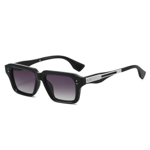Fashionable square chunky sunglasses with black frames and gradient purple lenses