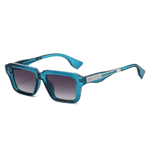 Modern rectangle sunglasses in transparent teal with gradient lenses and silver metal trim