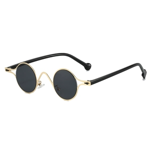 Retro small oval silver metal frame sunglasses with black lenses shown from 45-degree angle