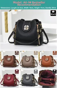Detail of multi-color crossbody bucket bags showing inner compartments and dimensions