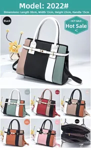 Detailed view of women's color-block tote bag showing 30x13x23cm size and color options