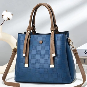 Blue plaid embossed tote bag with brown contrast straps and large capacity for women