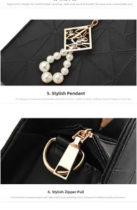 Detail of black V-quilted handbag with gold pearl pendant and polished zipper