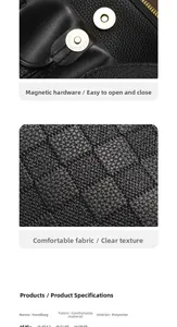 Detail of magnetic hardware closure and checkered embossed texture on black tote bag