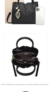 Detail view of black woven texture handbag showing internal pockets and storage capacity