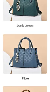 Detail of plaid embossed leather tote bags in dark green and blue with pearl leaf pendants
