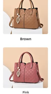 Detail view of large capacity handbags with checkered embossing in brown and pink colors