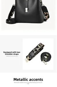 Close-up of black lychee leather bucket bag with golden hardware and dual shoulder straps
