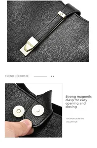 Detail of black pebbled leather bucket bag with magnetic snap closure and gold hardware