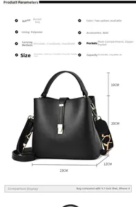 Detail view of black textured bucket bag showing 23x12x20cm dimensions and jacquard strap