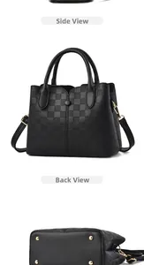 Detailed views of black checkered handbag showing side and back with gold hardware