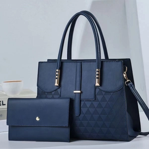 Women PU Leather Handbag And Matching Long Wallet Geometric Triangle Embossed Gold Hardware Lock Top Handle Shoulder Bag