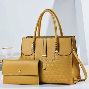 Fashionable bright yellow PU leather handbag and wallet set with triangle embossed patterns