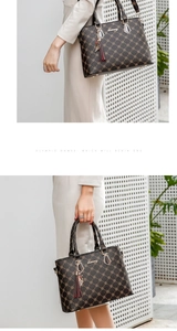 Detail of coffee brown printed tote bag with metal brand plaque and tassel charm