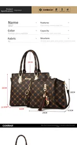Detailed view of the brown geometric print handbag set with fringe and cat charm