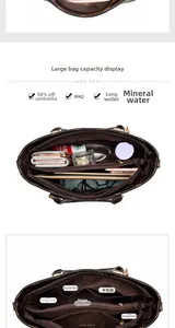 Detail view of large brown tote bag interior with multiple compartments and high capacity