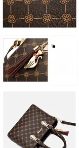 Detail of printed tote bag featuring a cute cat-shaped metal tassel charm and gold hardware