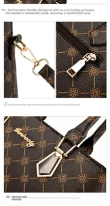 Close-up of golden metal logo and reinforced stitching on printed tote bag handle