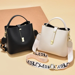 Women Bucket Bag Litchi Grain PU Leather Crossbody Handbag With Wide Jacquard Strap And Golden Buckle Simple Fashionable