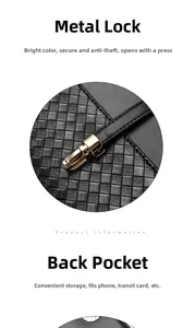 Detail of black woven leather tote featuring a gold anti-theft press lock and back pocket