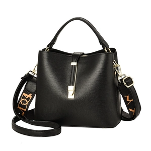 Black litchi pattern bucket bag with golden lock and dual shoulder straps on white background