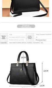 Detailed size chart of women's woven PU handbag with handle height and bag dimensions