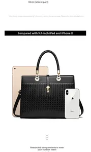 Structured black tote bag with quilted texture showing 30cm size scale and interior capacity