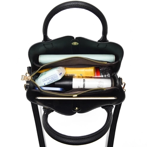 Black textured leather tote bag with large capacity and multi-compartment interior