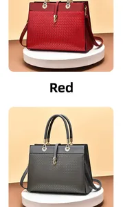 Detail of embossed texture and metal clasp on fashion red and grey crossbody bags