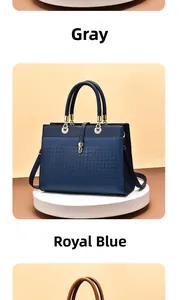 Close-up of royal blue and grey leather tote bags with elegant diamond quilted pattern