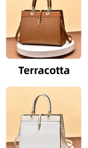 Detail of checkered embossed tote bags with metal ring hardware in earth yellow and beige