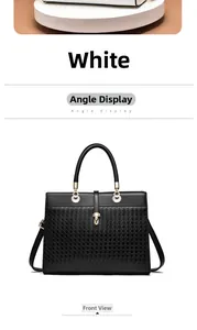 Close-up of diamond-patterned faux leather tote bag with elegant gold metal shell accents