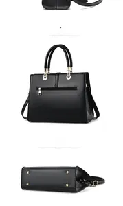 Detailed views of the black shoulder bag showing the side, back zip pocket and metal feet