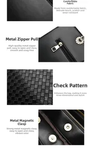 Detail of black crossbody bag with woven texture, metal zipper and magnetic buckle