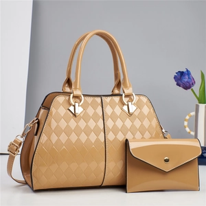 Elegant khaki PU leather tote bag set with quilted pattern and gold hardware details