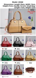 Detailed view of quilted faux leather tote set with dimensions and multi-color options