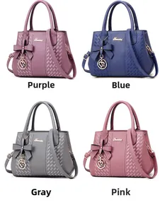 Sacs à main en cuir à motif litchi en violet, bleu, gris, rose et nœuds décoratifs
