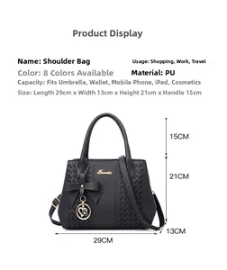 Détail du sac bandoulière en PU noir avec broderie, nœud décoratif et dimensions