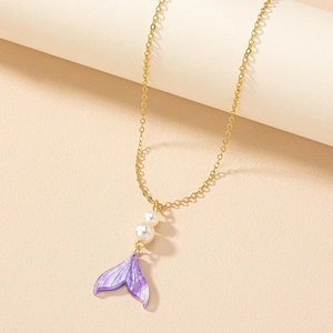 Mermaid Tail Pendant Necklace Alloy Purple Gradient Resin Glitter Double Imitation Artificial Pearl Women Elegant Korean Style