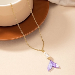 Elegant gold mermaid tail necklace with purple gradient pendant and white pearls