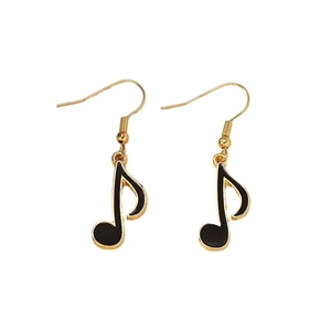 Fashionable gold musical note drop earrings with black enamel finish on white background