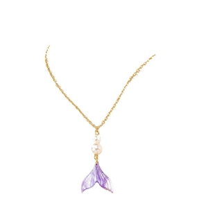 Elegant gold necklace with double pearls and shimmering purple mermaid tail pendant