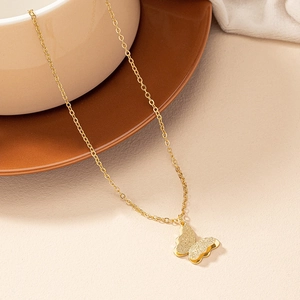 Butterfly Pendant Necklace Double Layer Frosted Polished Alloy Gold Tone Elegant Fashion Jewelry For Women