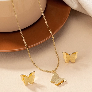 Butterfly Alloy Iron Pendant Necklace Stud Earrings Frosted Polished Gold Color Elegant Minimalist Accessories Women Girl