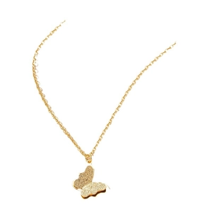 Elegant gold butterfly pendant necklace with frosted finish on a minimalist thin chain