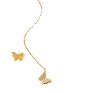 Elegant gold butterfly earrings set with asymmetric stud and chain design on white background