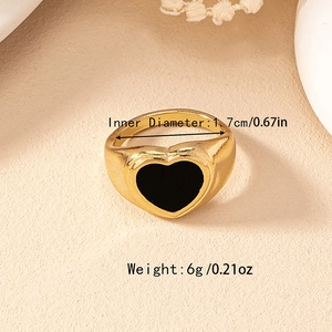 Gold wide band ring with black enamel heart charm, 1.7cm diameter minimalist jewelry