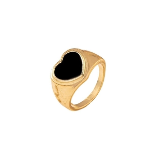 Fashionable gold-plated heart signet ring with black enamel inlay for women